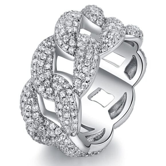 14K White Gold & White Diamond Cubic Zirconia Interlocking Cuban Statement Ring - Picture 1 of 5